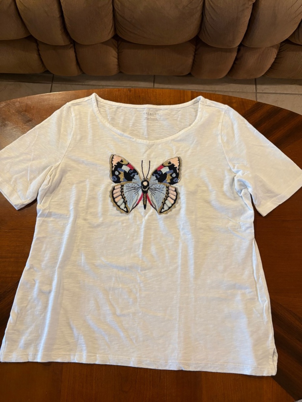 Talbots Women’s White Slub Cotton Tee with Multicolor Embroidered Butterfly